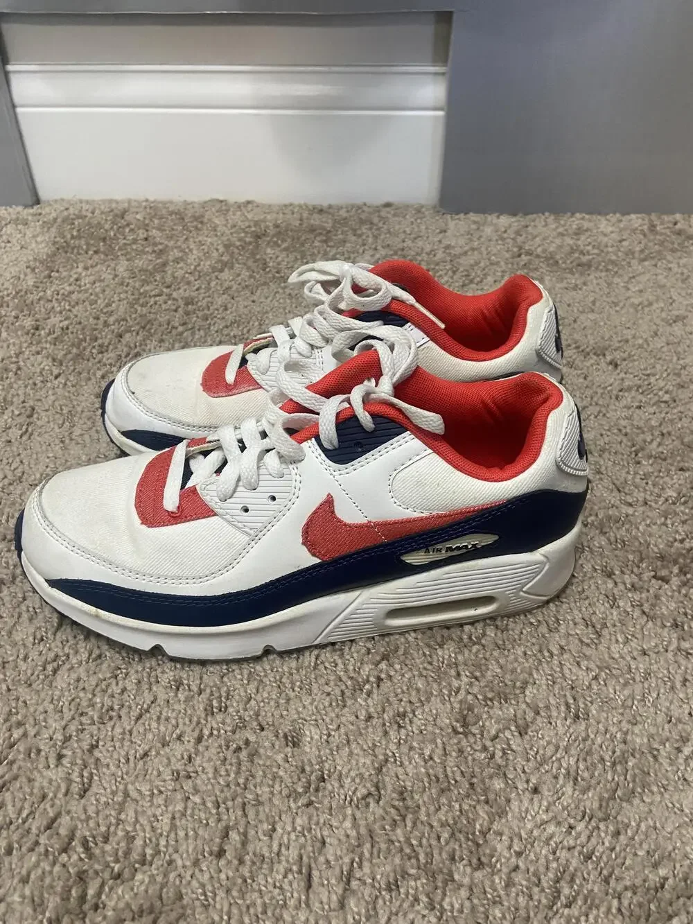 Nike Air Max 90 Shoes Youth Size 7Y White Red Navy Leather Running Sneakers